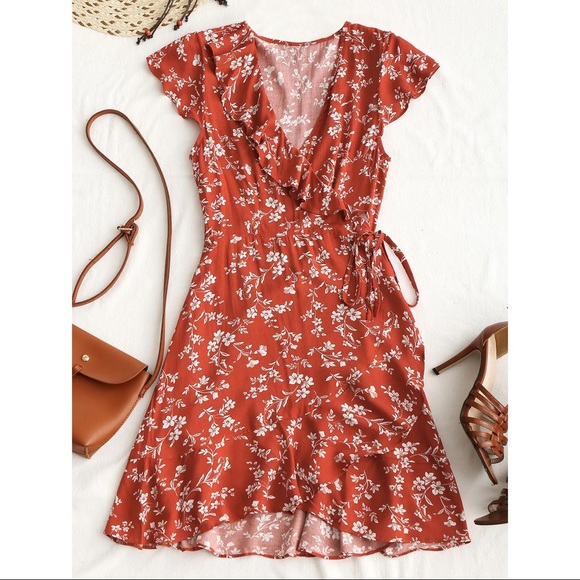 Floral Ruffle Mini Wrap Dress in Chestnut Red - Picture 2 of 3